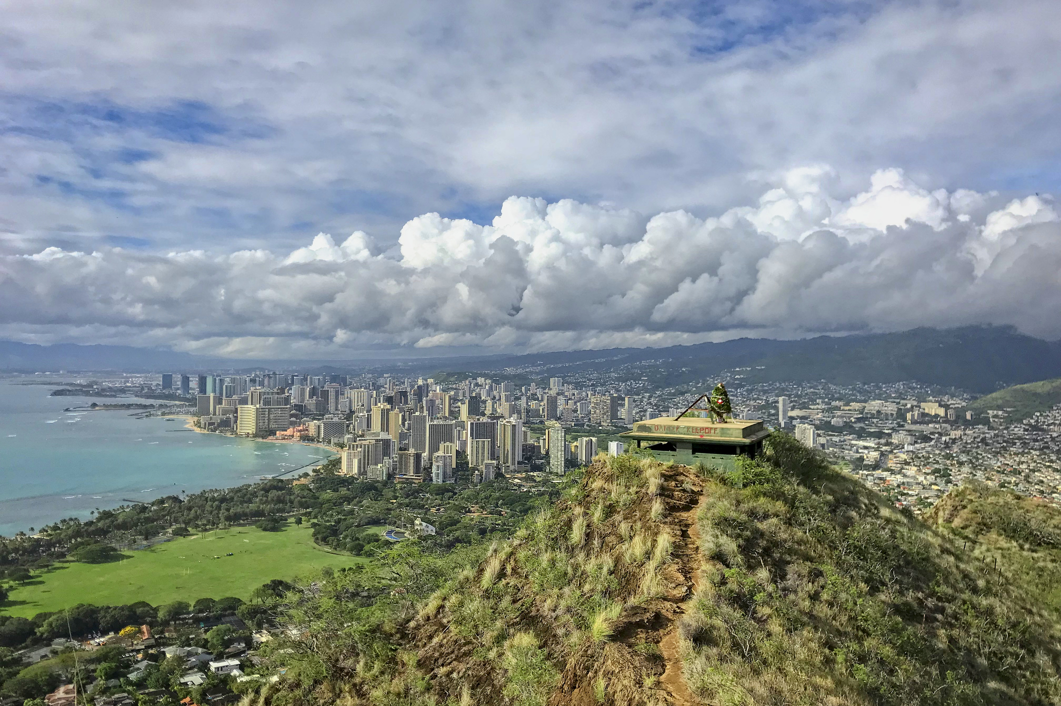 View Of Honolulu From The Top Of Diamond Head Crater Located On Oahu, Hawaii On A Clear Sunny Day